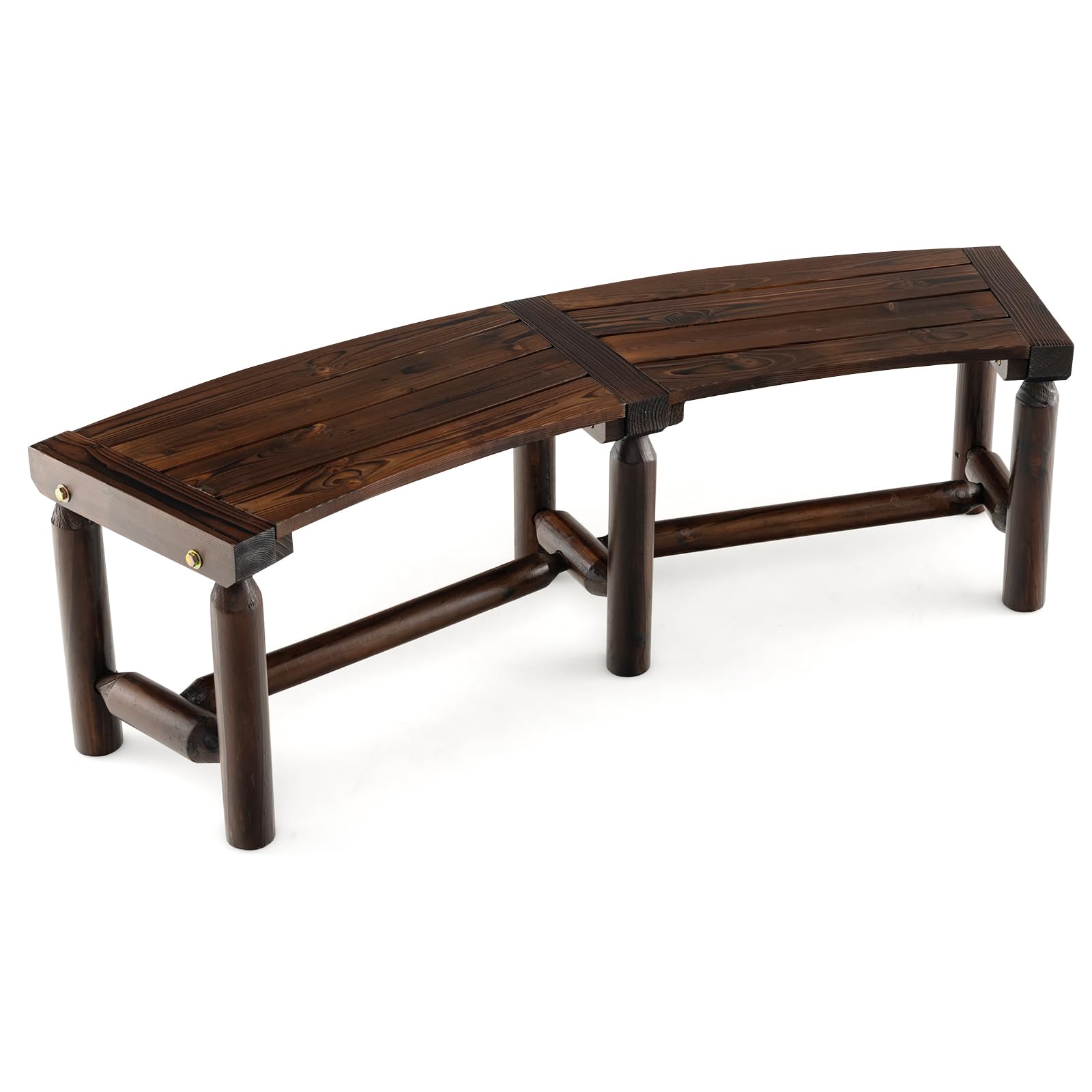 Tangkula Patio Curved Bench, Carbonized Wood Dining Bench for Round Table, Spacious & Slatted Seat